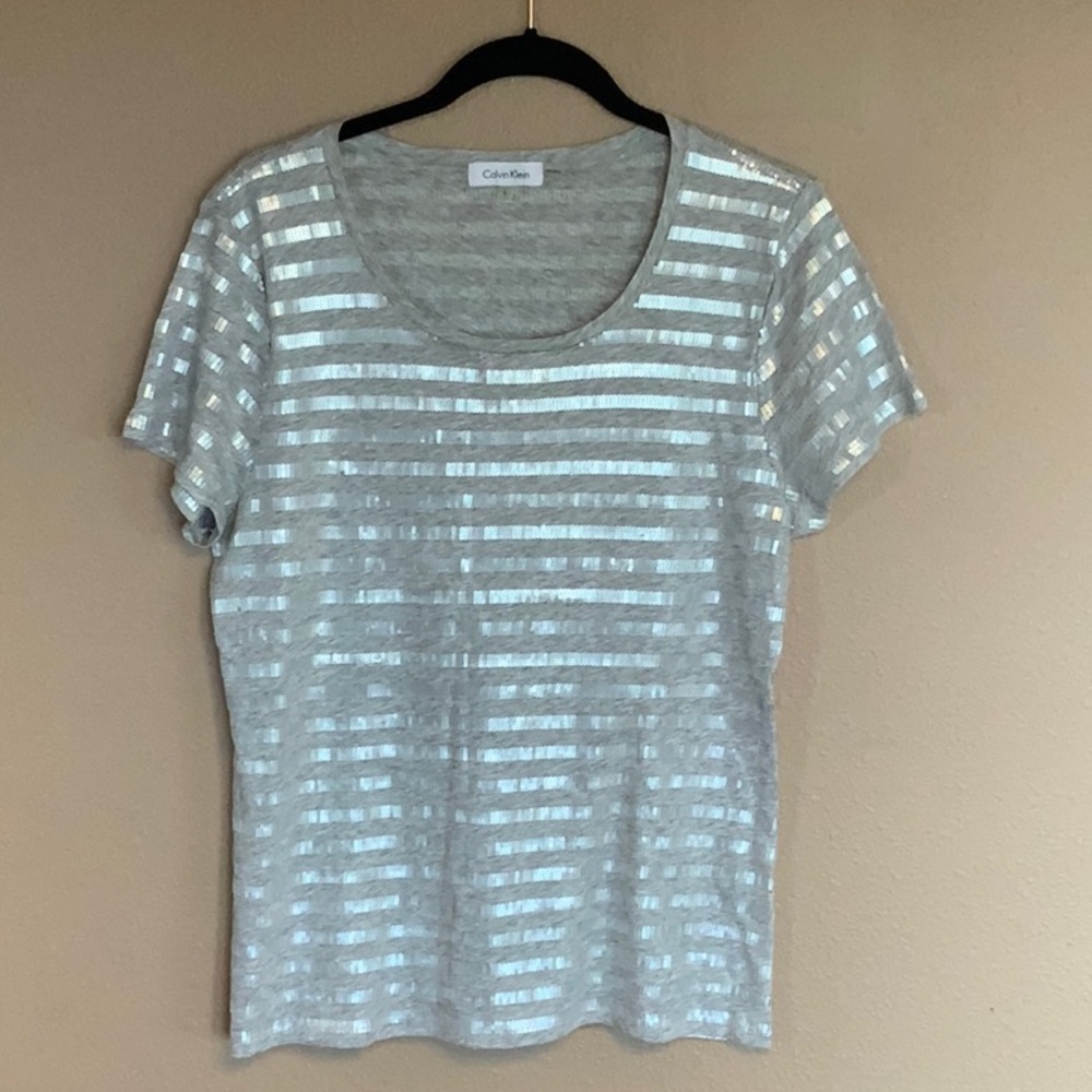CK short sleeve t with sequin stripes.  Size L